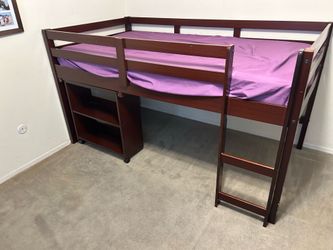 Loft bed with pull out book shelf and desk