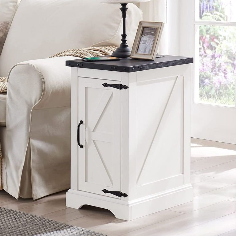 Set of 2 Farmhouse Nightstand with Charging Station, Rectangular Wood End Table with Adjustable Storage Shelf Cabinet, White