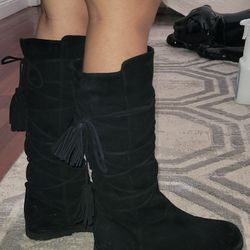 YSL Knee High Suede Boots Flat Lace Up