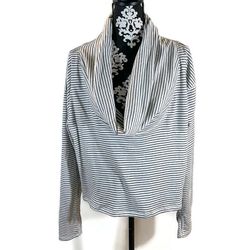 Xersion Cropped Gray/Cream Striped Cowl Neck Sweatshirt