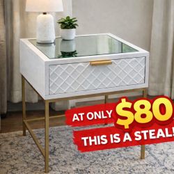 Modern White Glass-Top Nightstand w/ Drawer & Gold Legs