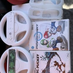 Nintendo Wii Bundle - Mario Kart, Epic Mickey, 2 Controllers W/ Steering Wheels