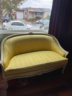 Vintage French Provincial Settee Loveseat - White Carved Frame, Chartreuse Moire