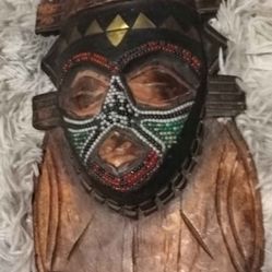Vintage African Wood Brass Beaded Inlay Tribal Face Mask
