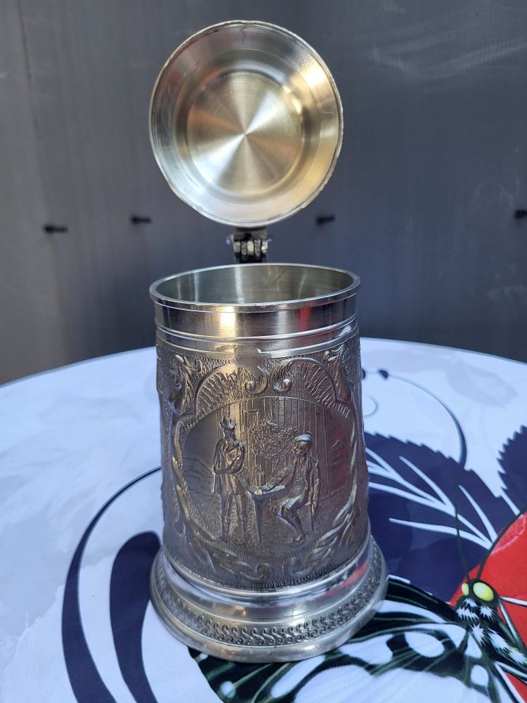 8" Beautiful Desiged Vintage BMF Zinn 95% German Pewter Beer Stein - Made in Germany