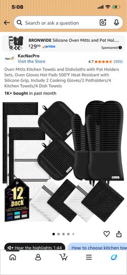 New in packaging 12 piece black potholders and towel and was rags