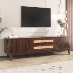 67" Natural Wood (Walnut Finish) Rustic TV / Media Stand w/ Rattan Inserts / 2-Drawers & Storage Cabinets [NEW] **Retails for $230 <Assembly Req>