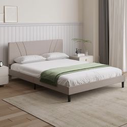 Upholstered Beige Queen Platform Bed
