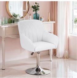 Makeup Vanity Chair with 360° Swivel – Adjustable Height Chair with Backrest, White PU Leather Seat & Chrome Base for Bedroom or Dressing Table Brand 