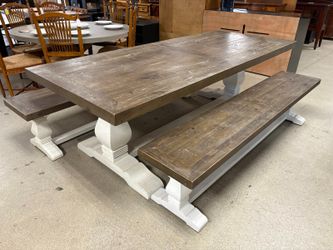 Whitewashed Rustic Farmhouse Trestle Table w/ 2 Dining Benches