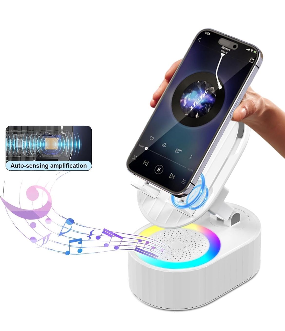 Wireless Induction Audio Bluetooth Speaker 5in1 Phone Holder Emergency Rechargeable (3000mAh) with Colorful Ambient Light 300° Foldable for Tablet iPh