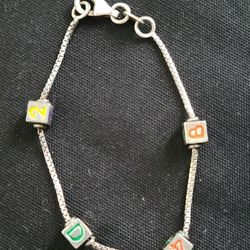 Vintage 925 Italy Sterling Silver  Charm Bracelet, 4 Block Charms 6.25" With Box