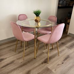 Statement Glass Dining Set with Gold Base and Velvet Seating