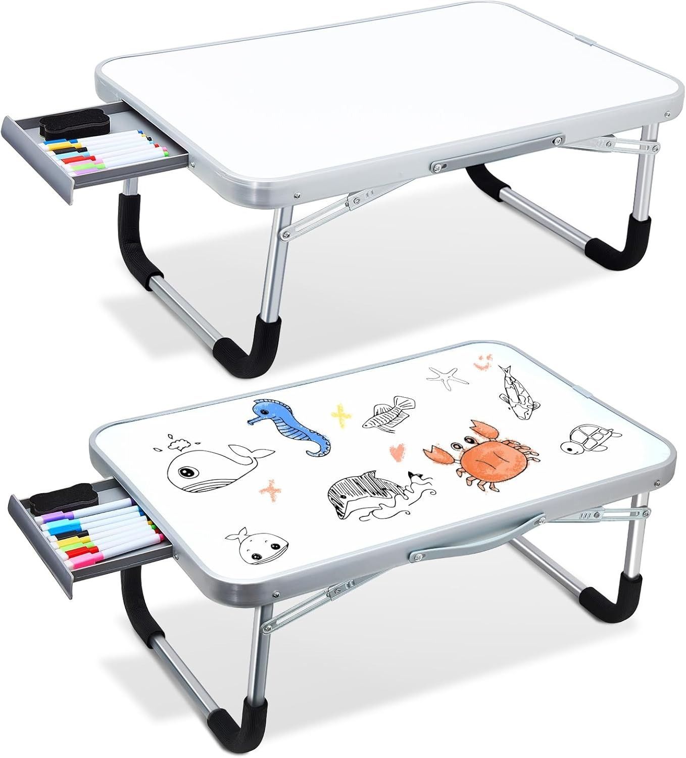 Suzile 2 Pcs Kids Lap Desk with Dry Erase Board, 24" x 16" Foldable Study Tray with Drawer, Markers & Eraser, Portable Desk for Art, Homework
