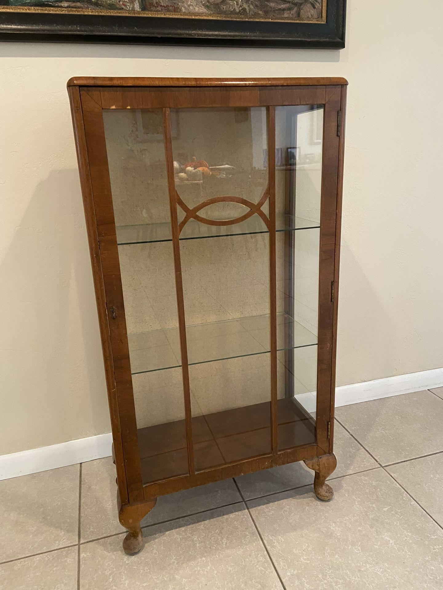 Vintage deco wood curio cabinet w/glass shelves