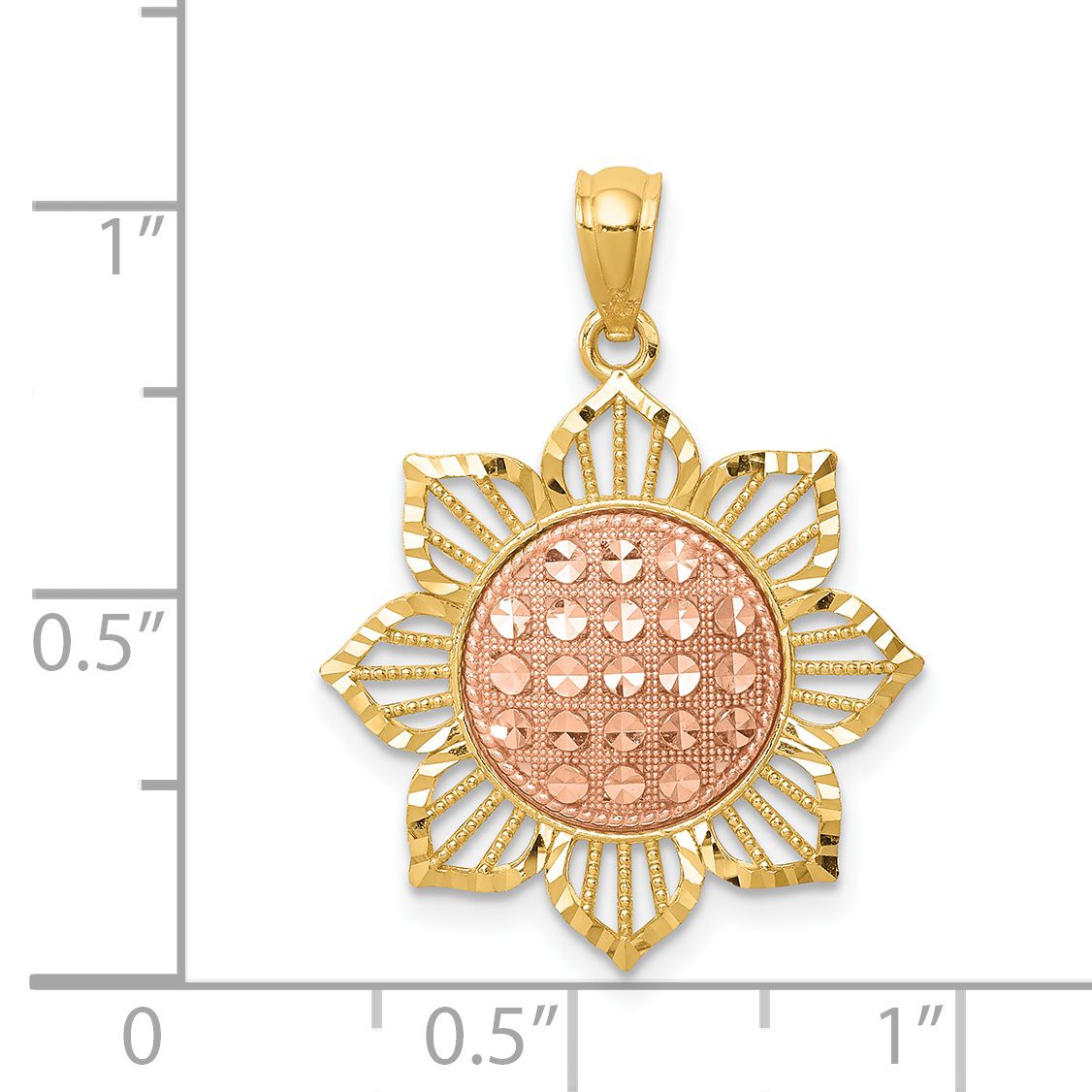 14K Gold & Two Tone Rose Plated Diamond Cut Sunflower Pendant