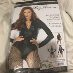 Black Bodysuit Wet Look High Zipper