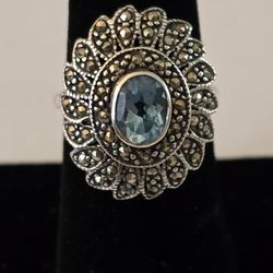 Vintage  Marcasite & Blue Topaz Sterling Silver 925 Ring Sz 7.75