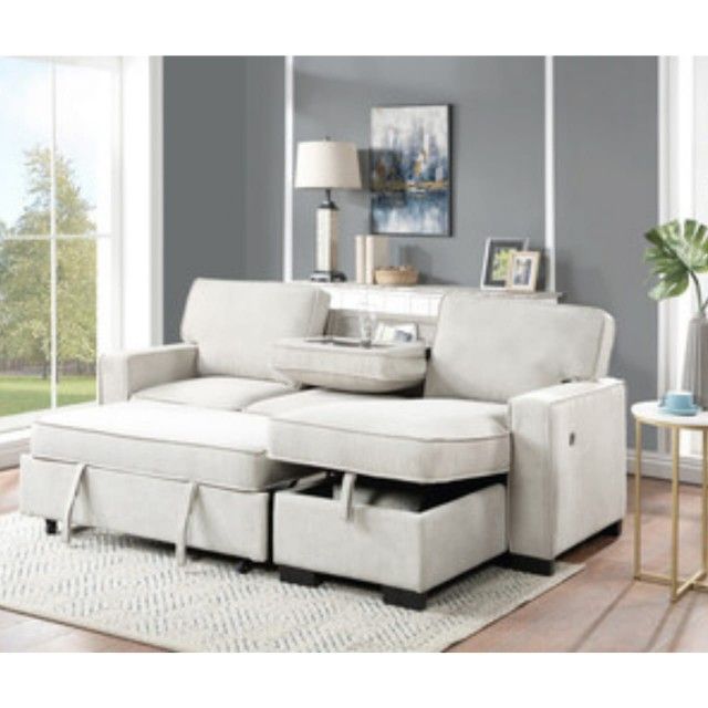 Beige Fabric Reversible Sleeper Sectional with Storage Chaise Drop-Down Table 2 Cup Holders and 2USB Ports
