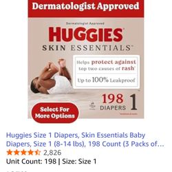 Huggies Size 1 Diapers, Skin Essentials Baby Diapers, Size 1 (8-14 lbs), 198 Count (3 Packs of 66)