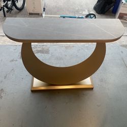 NARROW CONSOLE TABLE GRAY SINTERED STONE ENTRYWAY TABLE WITH HALF-MOON STEEL BASE
