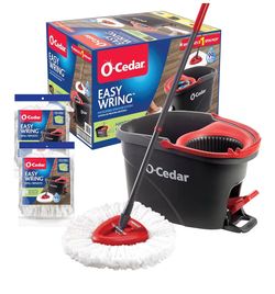 O-Cedar EasyWring Microfiber Spin Mop & Bucket Floor Cleaning System + 2 Extra Refills, Red/Gray