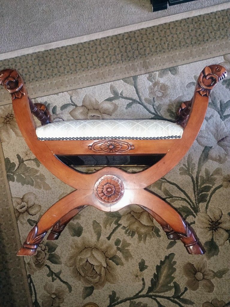 Mid 20th Century Vintage Mahogany Slipper Bench Footstool With Figural Handles