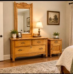 Antique Oak Dresser vanity with Mirror and Nightstand