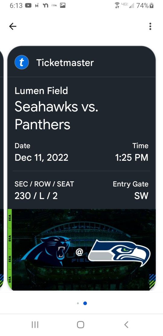 REDUCED.... PAIR OF SEAHAWKS TICKETS: Seattle Seahawks VS Carolina Panthers December 11, Section 230, Row L, SEATS 1 and 2