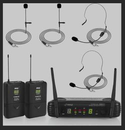 Pyle 2 Channel Wireless Microphone System - Portable UHF Digital Audio Mic Set with 2 Headset, 2 Lavalier lapel, 2 Transmitter, ¼’’ cable, power adapt
