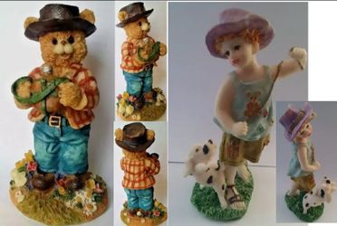 Vintage artmark figurines: park ranger bear with canteen, boy playing with dalmatian puppy dog