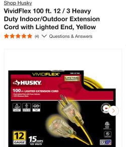 Husky VividFlex 100 ft. 12 / 3 Heavy Duty Indoor/Outdoor Extension Cord with Lighted End, Yellow