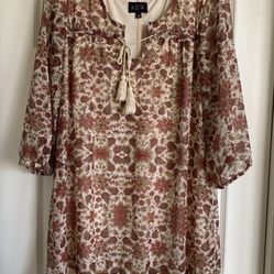 👗 Like-New Boho Floral Lace Tunic Lined Brown Orange Tie Neck Peasant Dress