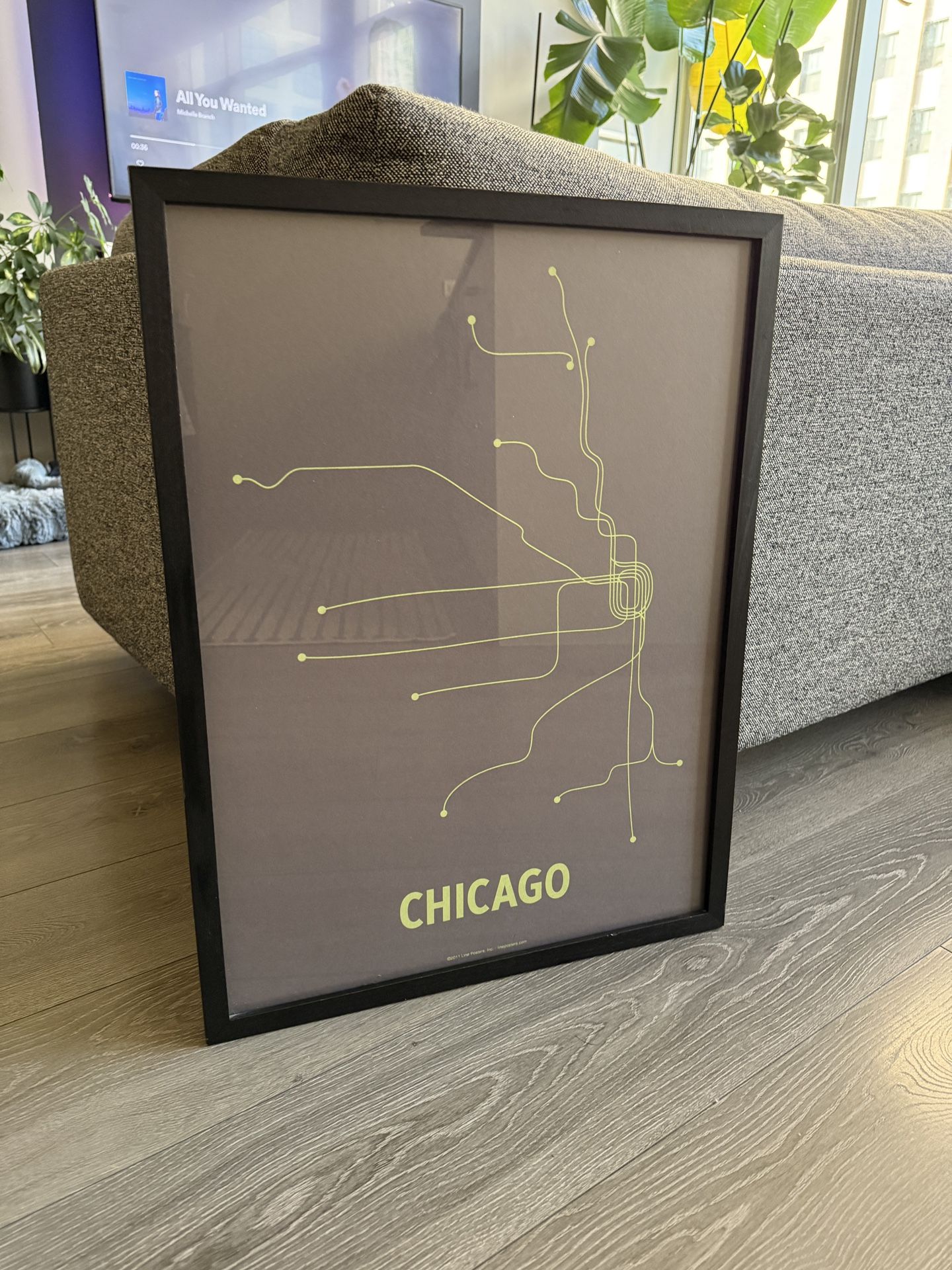 Chicago L Map Line Art Poster Framed 19x25