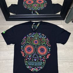 Y2K 2000s Skull Day Of The Dead Black Light Big Logo Shirt