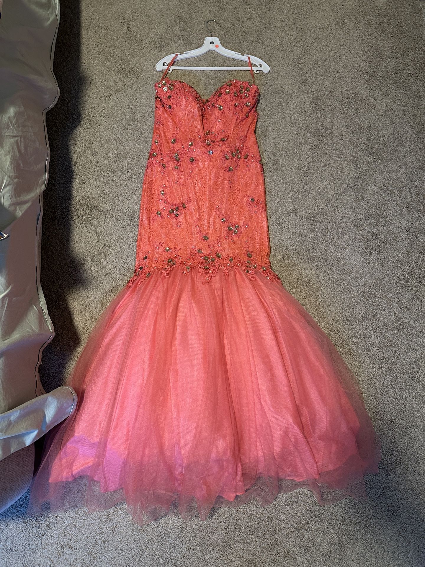 Pink Lace Strapless Mermaid Style Prom Dress