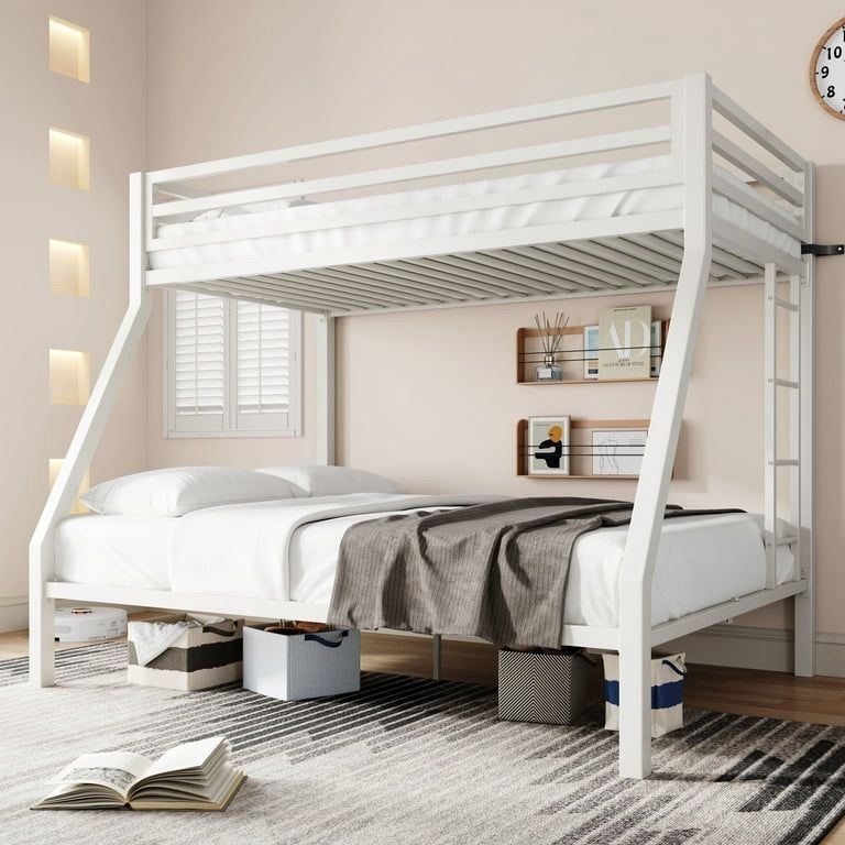 White Metal Bunk Bed Twin Over Full Size with Removable Durable Ladder