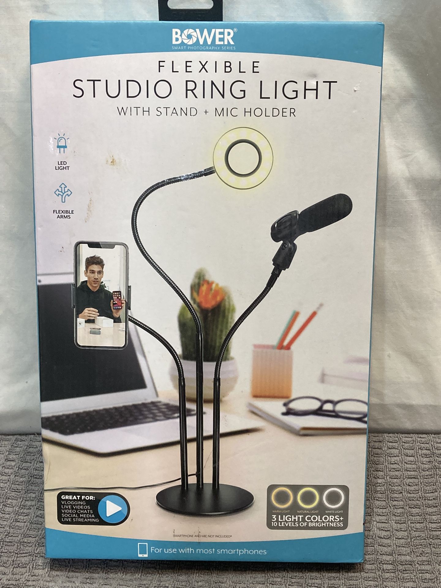 New BOWER FLEXIBLE STUDIO RING LIGHT with STAND + MIC HOLDER