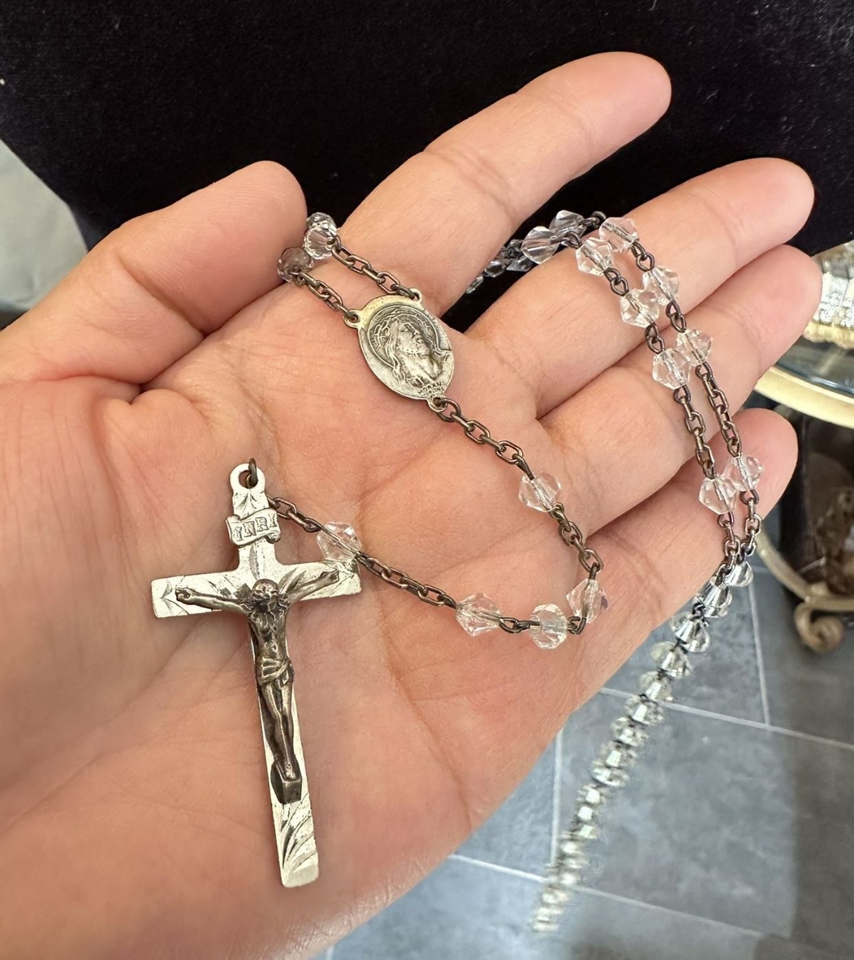 Vintage AFCO Moran Sterling Silver & Clear Faceted Rock Crystal Bead Rosary Jesus Crucifix