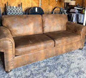 Rustic Suede Sofa with Nailhead Trim