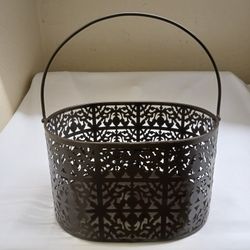 BRAND NEW BROWN METAL BUCKET WITH HANDLE THAT FOLDS DOWN 