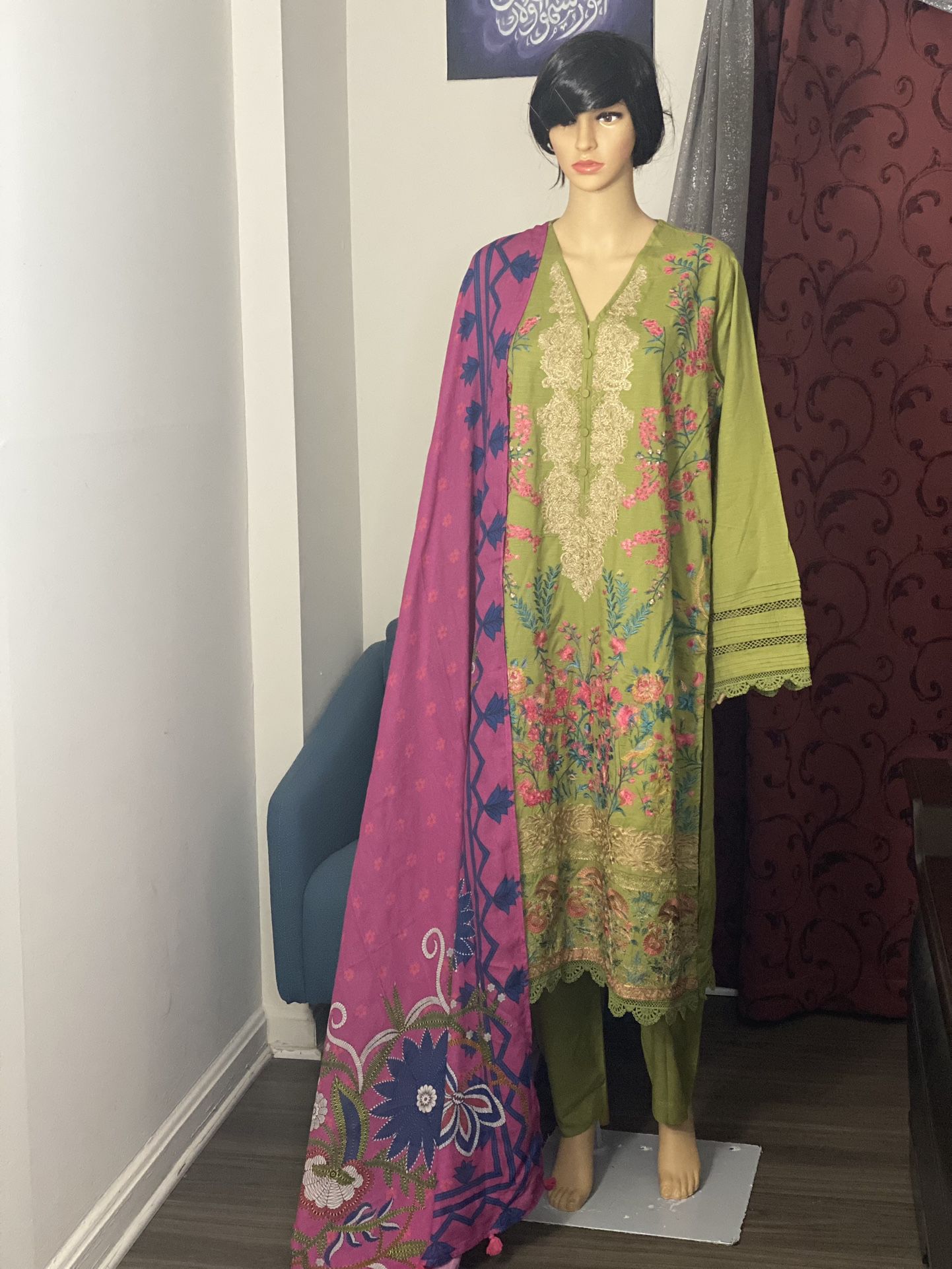Khaadi Green Cotton Embroidered Women Shalwar Kameez With Printed Shawl