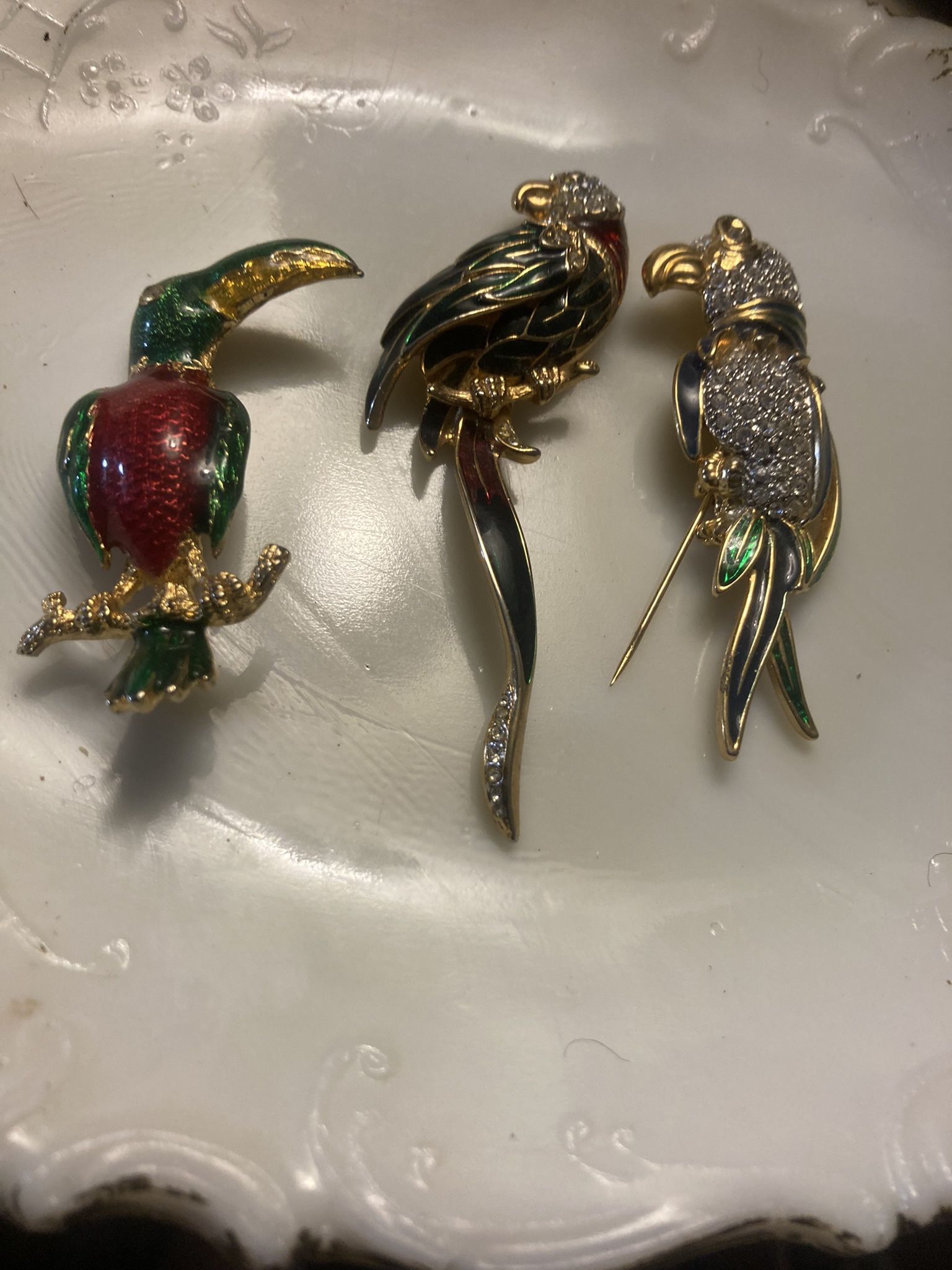 3 Enamel Parrot Broaches