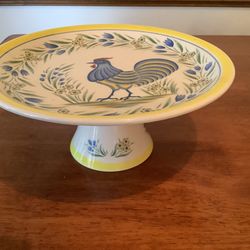 Rooster cake plate stand yellow and blue
