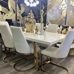 DINING TABLE SET - ALL WHITE & GOLD