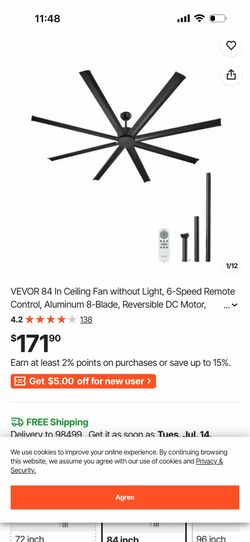VEVOR 84 In Ceiling Fan without Light, 6-Speed Remote Control, Aluminum 8-Blade, Reversible DC Motor, Modern Low Profile Flush Mount Exterior Fan for