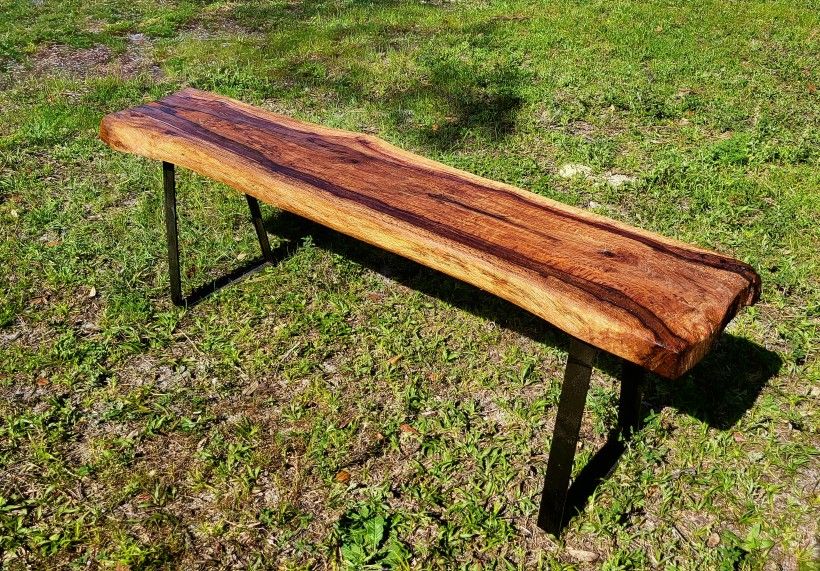 Oak Slab Bench w Black Metal Legs