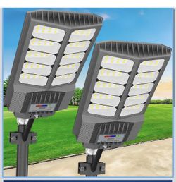 loyoele Solar Street Light with Pole Mount, Dusk-to-Dawn Outdoor LED, 300000 LM, 7000K IP67 Waterproof, Adjustable Modes, for Yard, Parking Lot, Stree
