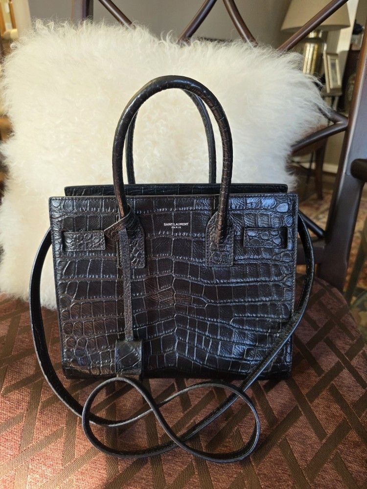 Saint Laurent Sac De Jour Baby Crocodile Embossed Leather Black
