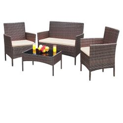 Patio Furniture 4 Pieces Conversation Sets Outdoor Wicker Rattan Chairs Garden Backyard Balcony Porch Poolside

